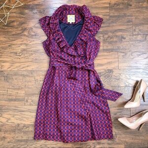 Elizabeth McKay • Scotland wrap dress ruffle silk red & navy blue chain link
